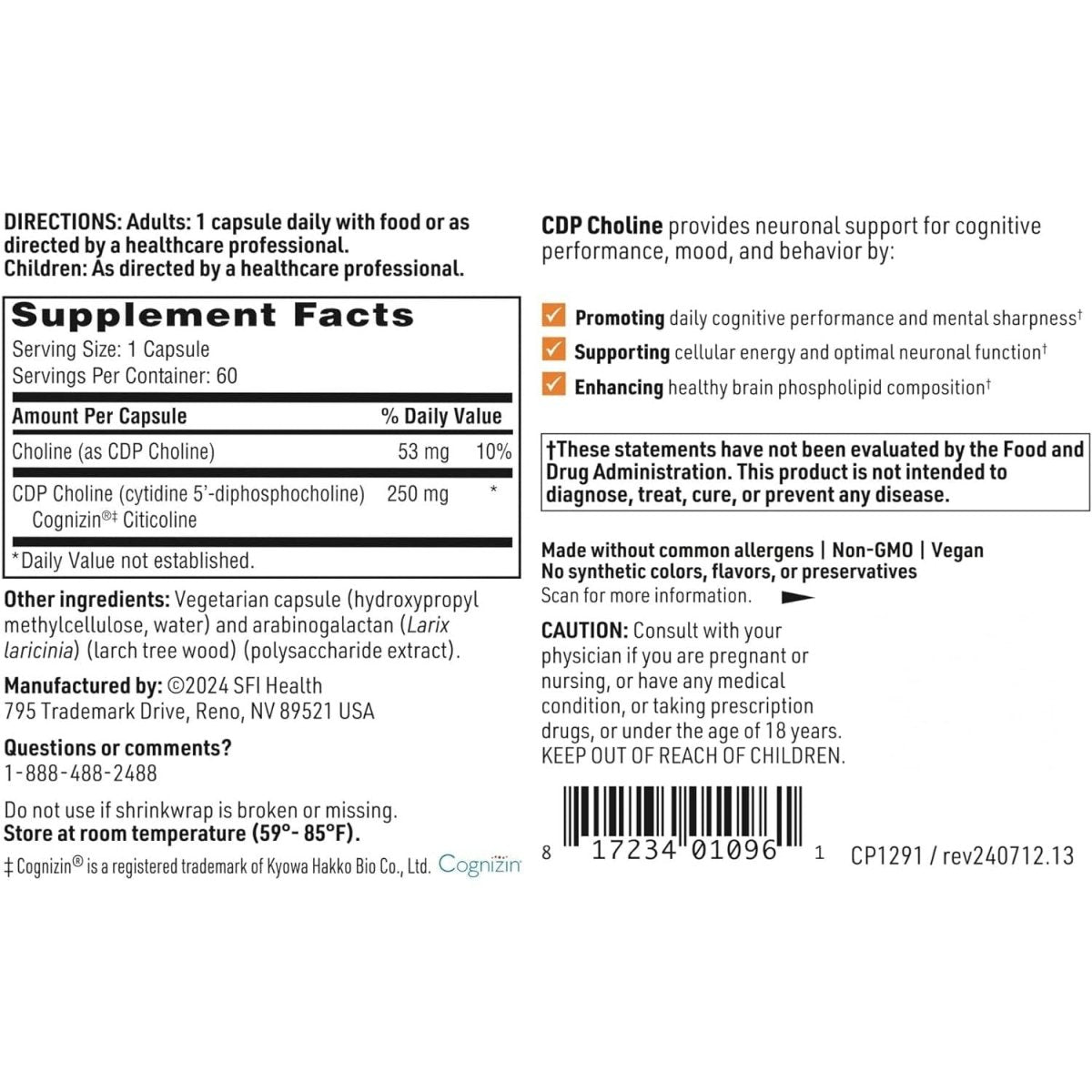 Klaire Labs CDP Choline 250Mg - Cognizin Citicoline to Help Support Memory, Focus & Attention (60 Capsules) - Suppviv