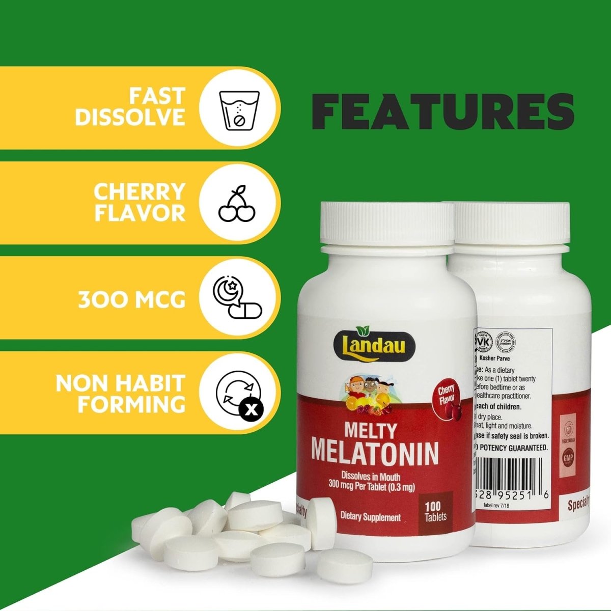 Landau 0.3Mg - 300 Mcg Melty Melatonin for Kids & Adults 250 Tablets - Suppviv