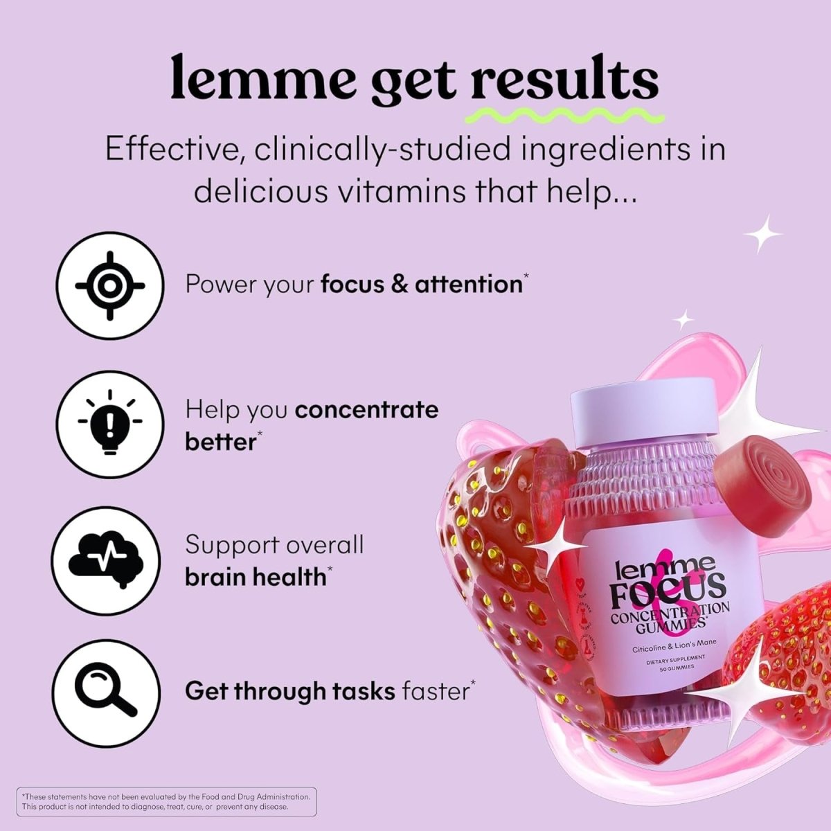 Lemme Focus Concentration & Brain Health Gummies - Strawberry (50 Count) - Suppviv