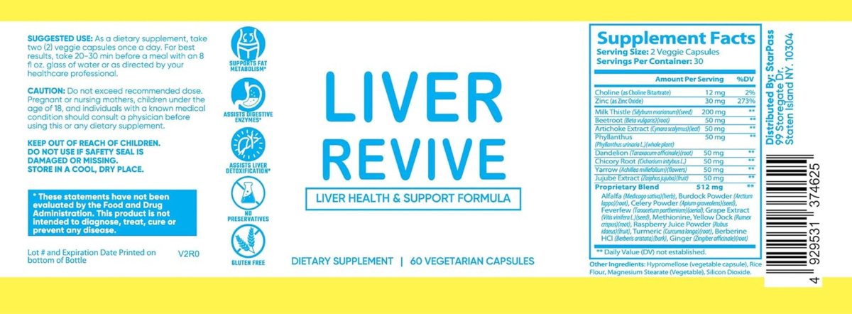 Liver Revive Natural Detox, Cleanse & Support Formula 60 Capsules - Suppviv