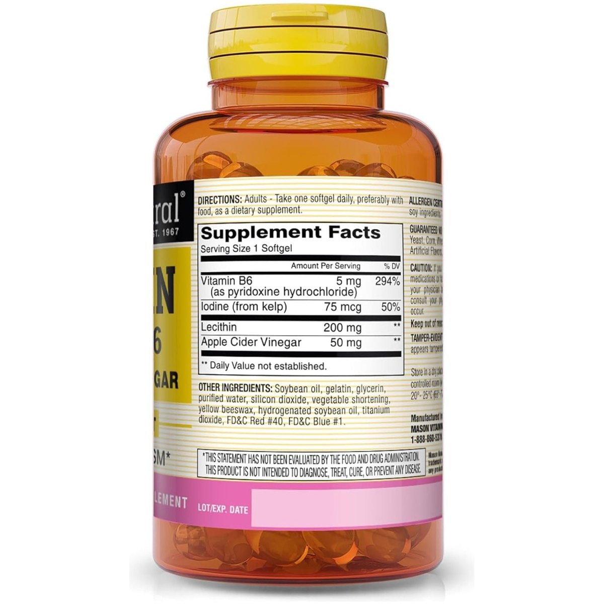 MASON NATURAL Lecithin with Kelp/Vitamin B6 plus Apple Cider Vinegar - Dual Action Formula 100 Softgels - Suppviv