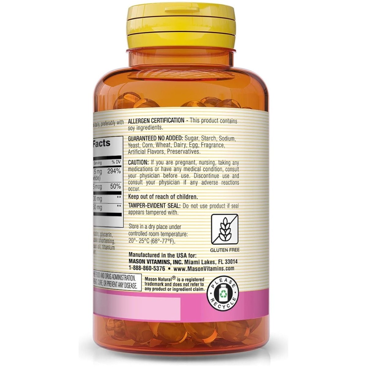MASON NATURAL Lecithin with Kelp/Vitamin B6 plus Apple Cider Vinegar - Dual Action Formula 100 Softgels - Suppviv