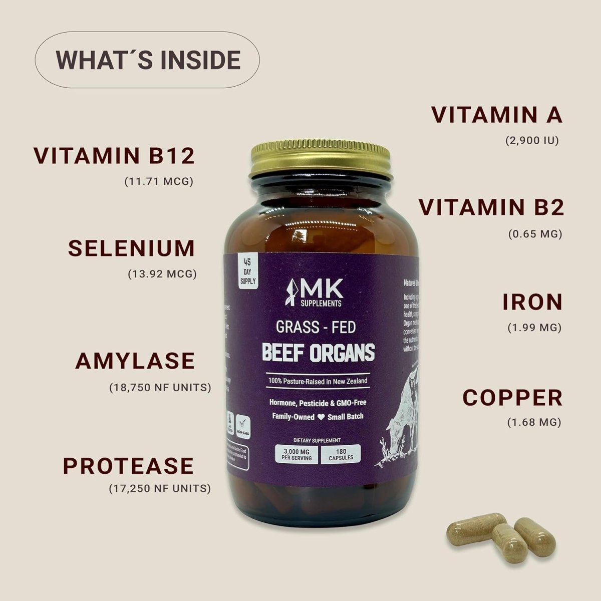 MK Supplements Grass - Fed Beef Organs – Liver, Heart, Kidney, Spleen, Pancreas (45 Servings) - Suppviv