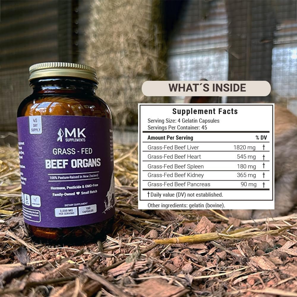 MK Supplements Grass - Fed Beef Organs – Liver, Heart, Kidney, Spleen, Pancreas (45 Servings) - Suppviv