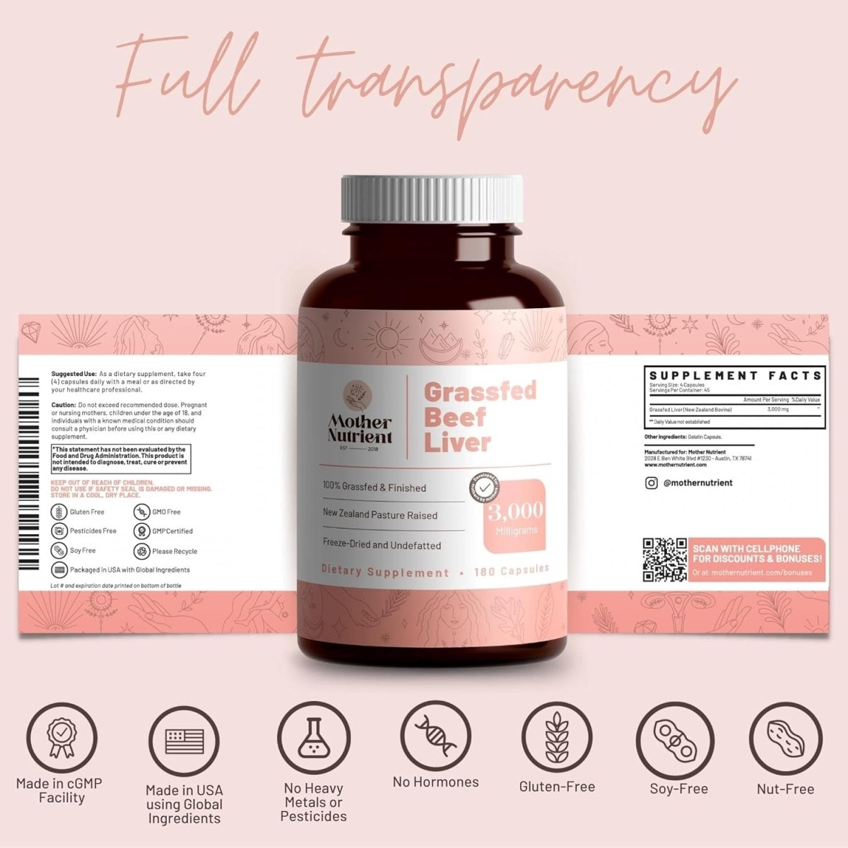 Mother Nutrient 100% Grass Fed Beef Liver Capsules (180 Capsules) - Suppviv