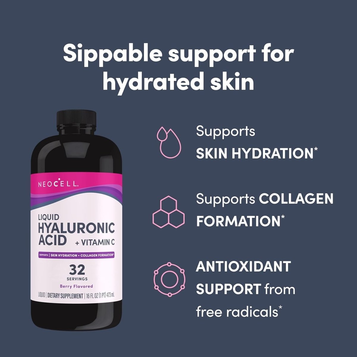 Neocell Hyaluronic Acid Liquid with Vitamin C, Berry, 16 Fl Oz (Pack of 1) - Suppviv