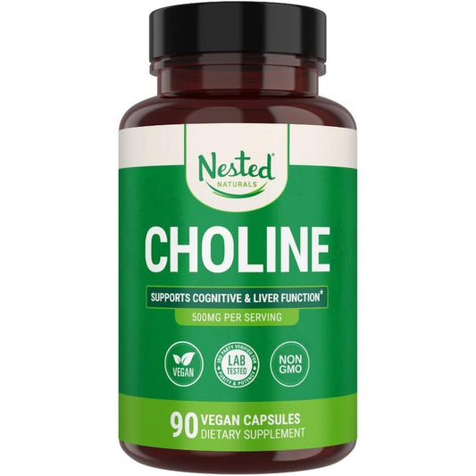 Nested Naturals Choline Bitartrate 500Mg - Supports Cognitive Performance & Liver Function - 90 Vegan Capsules - Suppviv