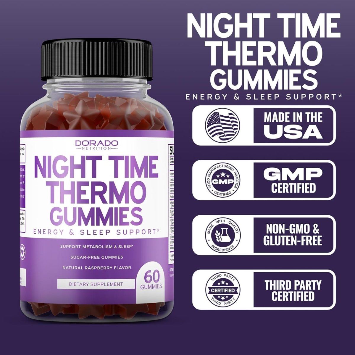 Night Time Fat Burner Gummies Weight Loss&Metabolism Gummies Delicious Raspberry Flavor (60 Gummies) - Suppviv