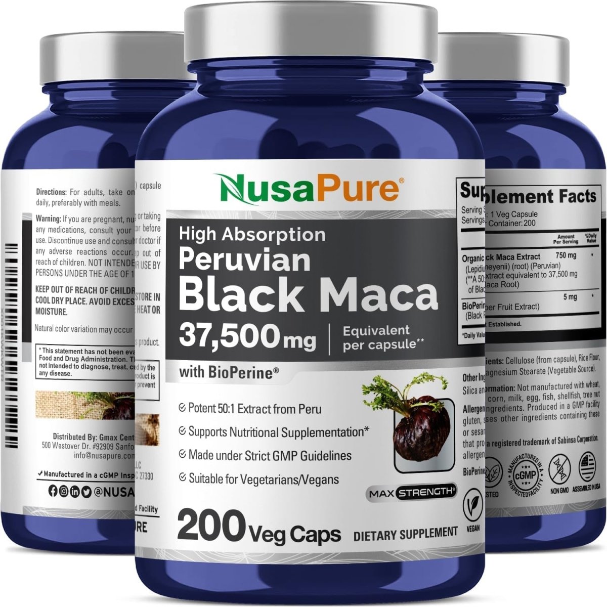 Nusapure Black Maca Root 500Mg 200 Capsules - Suppviv