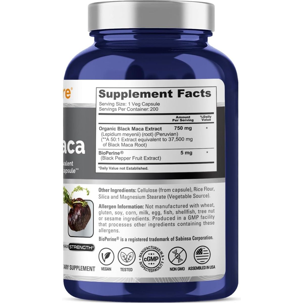 Nusapure Black Maca Root 500Mg 200 Capsules - Suppviv