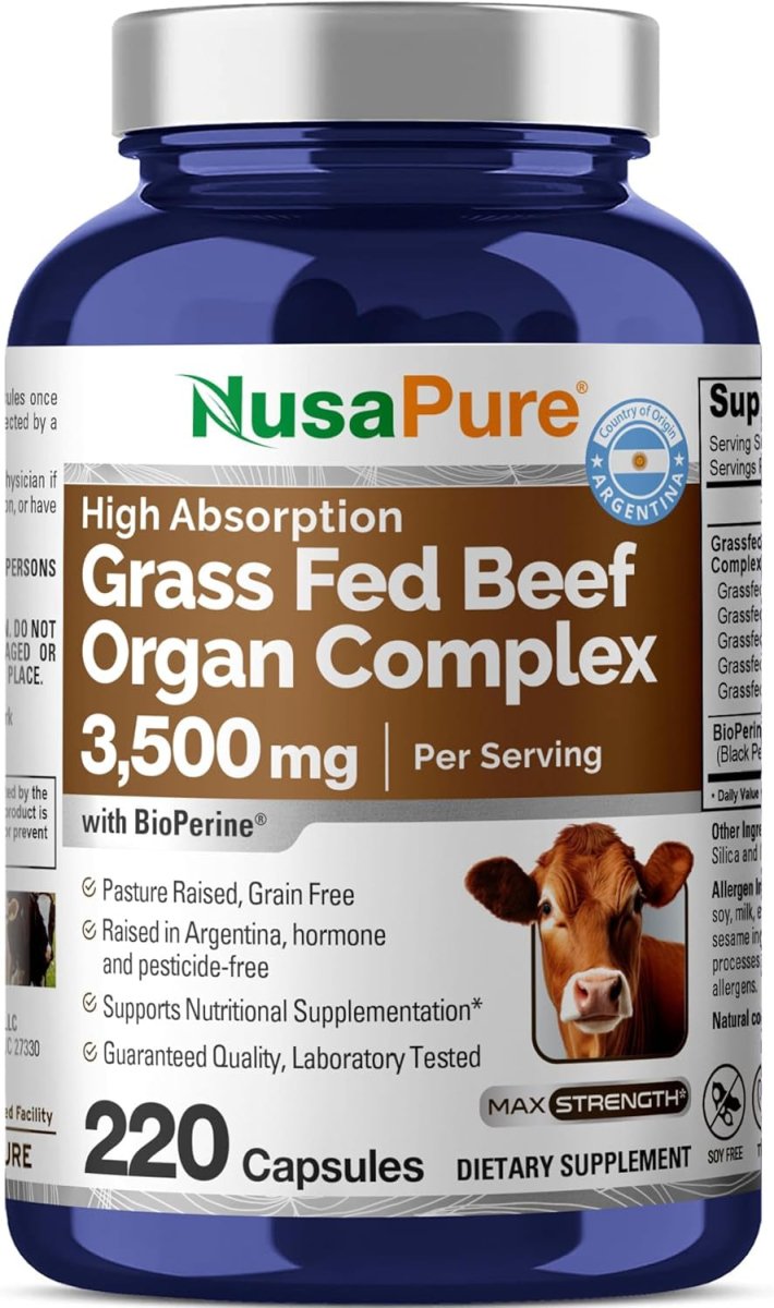 Nusapure Grass Fed Beef Organ Complex | 220 Capsules | Pasture Raised | - Suppviv