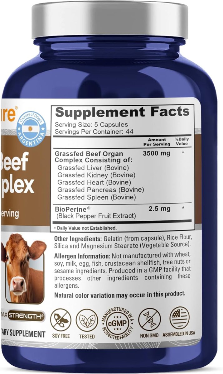 Nusapure Grass Fed Beef Organ Complex | 220 Capsules | Pasture Raised | - Suppviv