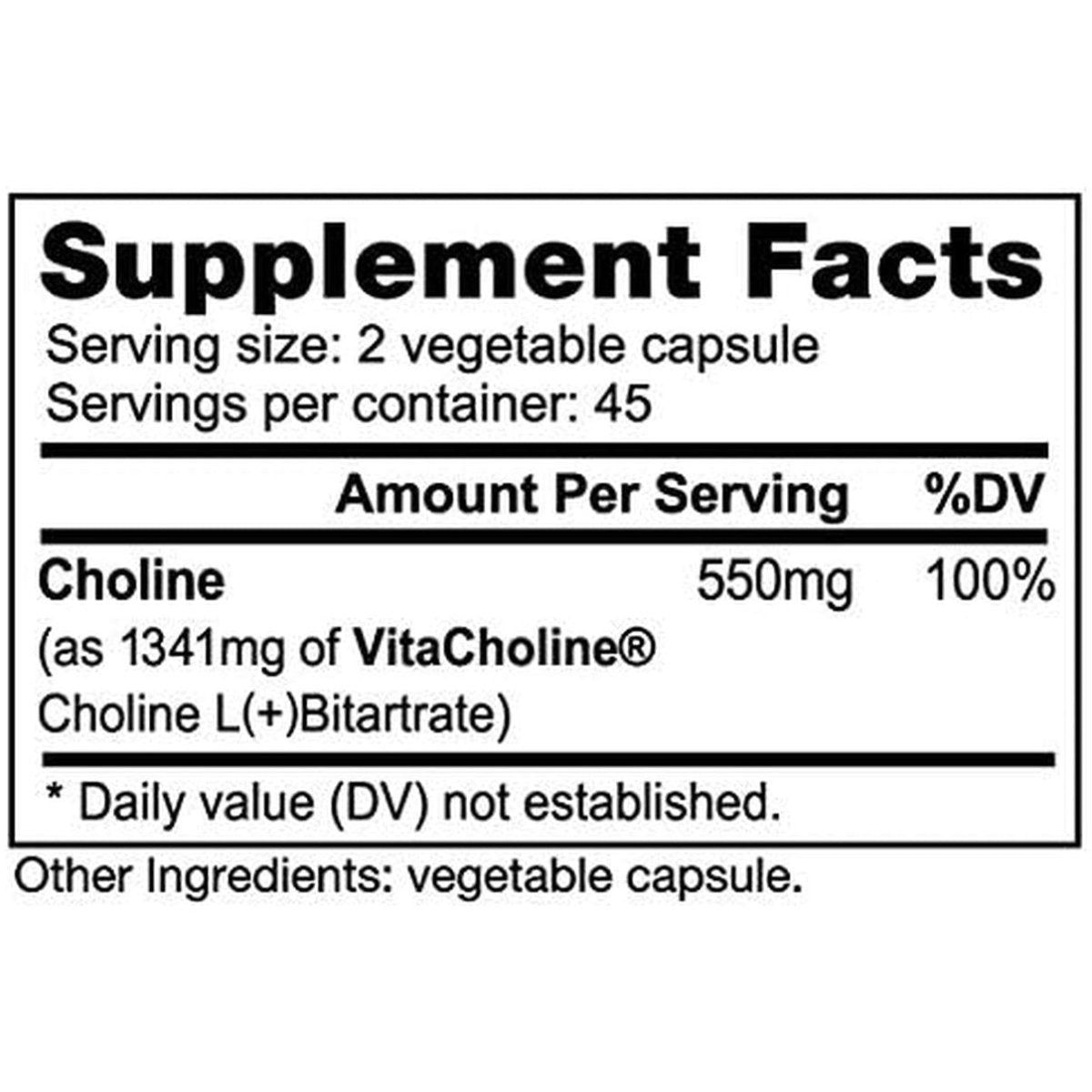 Nutrabio Choline Bitartrate, for Improved Cognitive Health and Mental Acuity, 550Mg - 90 Vegetable Capsules - Suppviv