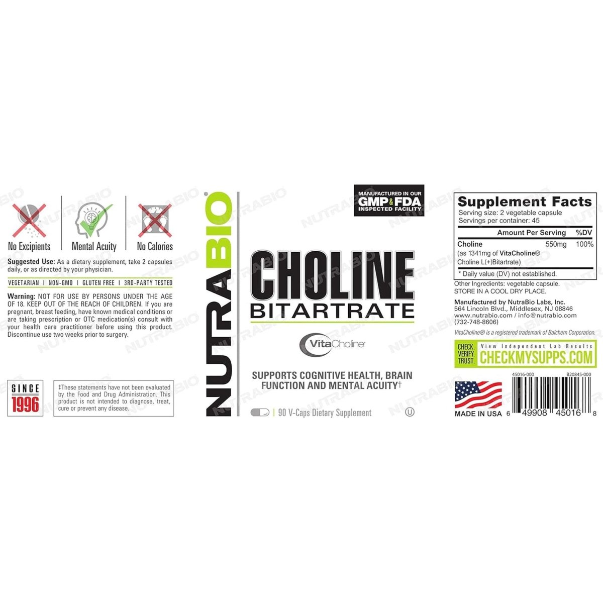 Nutrabio Choline Bitartrate, for Improved Cognitive Health and Mental Acuity, 550Mg - 90 Vegetable Capsules - Suppviv