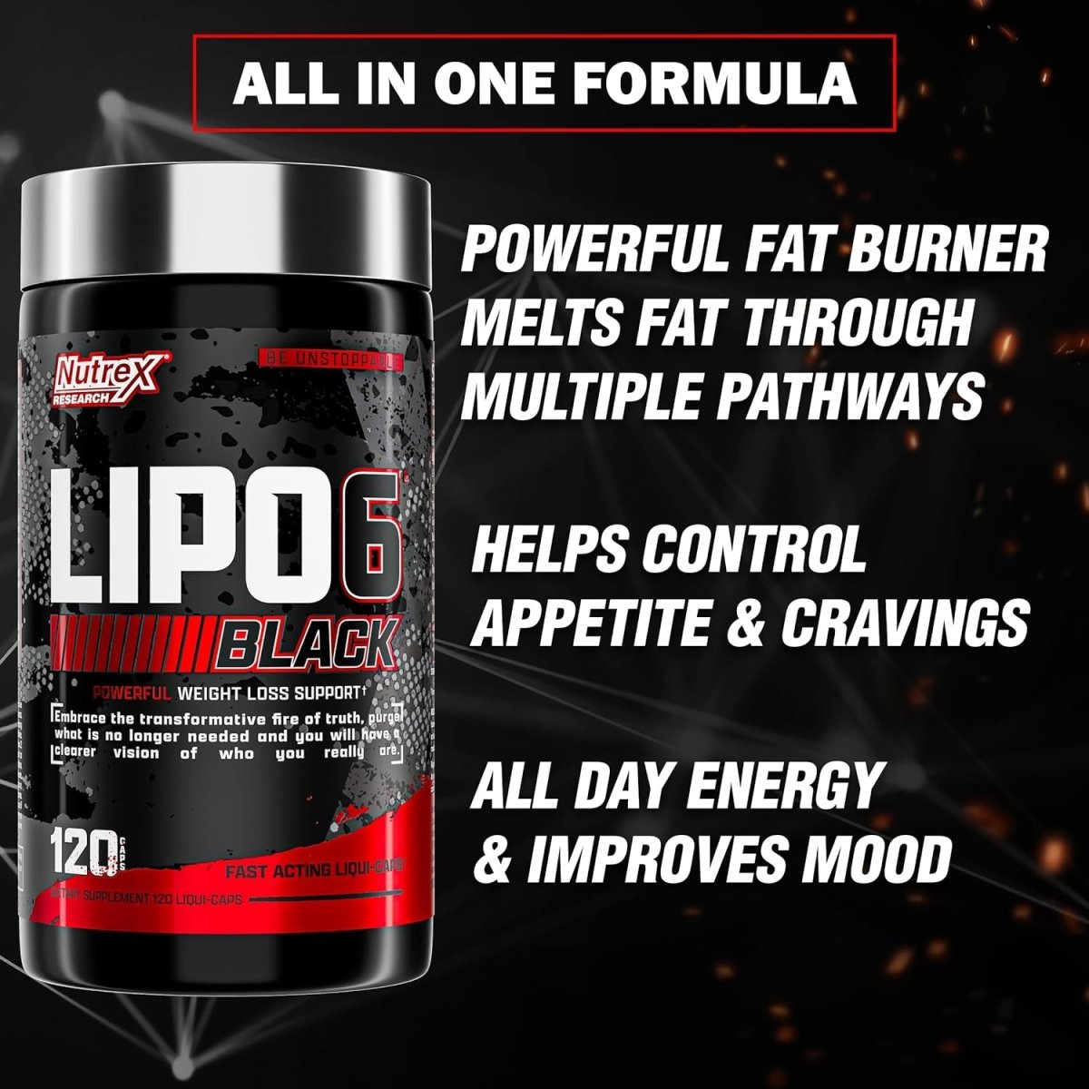 Nutrex Lipo - 6 Black Max Strength Fat Burner - Fast Acting Energy, Weight Loss Diet Pills 120 Capsules - Suppviv