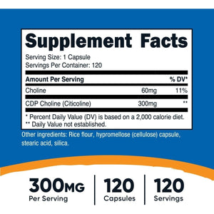 Nutricost CDP Choline (Citicoline) 300Mg, 120 Vegetarian Capsules - Non - Gmo, Vegetarian Friendly, Gluten Free - Suppviv