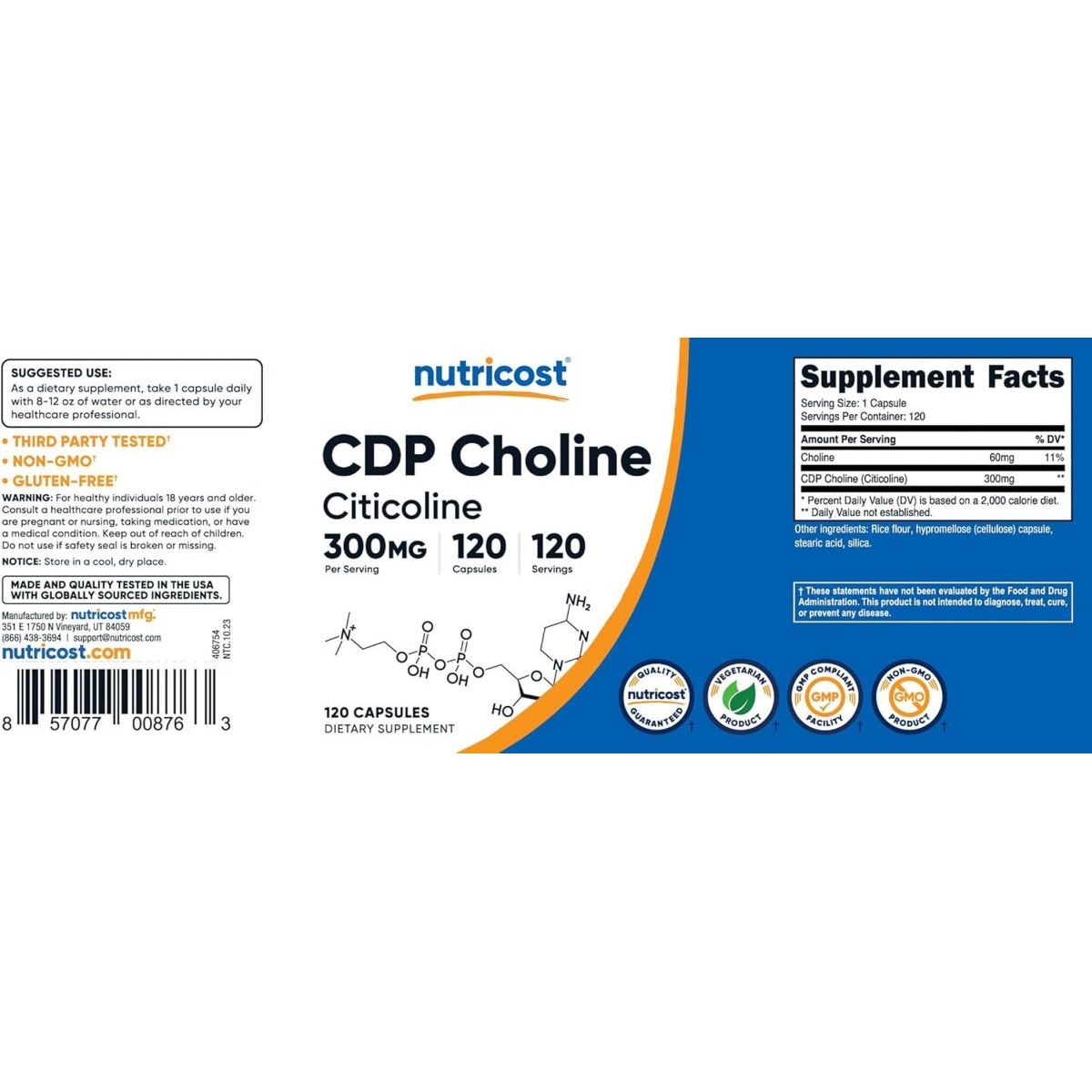 Nutricost CDP Choline (Citicoline) 300Mg, 120 Vegetarian Capsules - Non - Gmo, Vegetarian Friendly, Gluten Free - Suppviv
