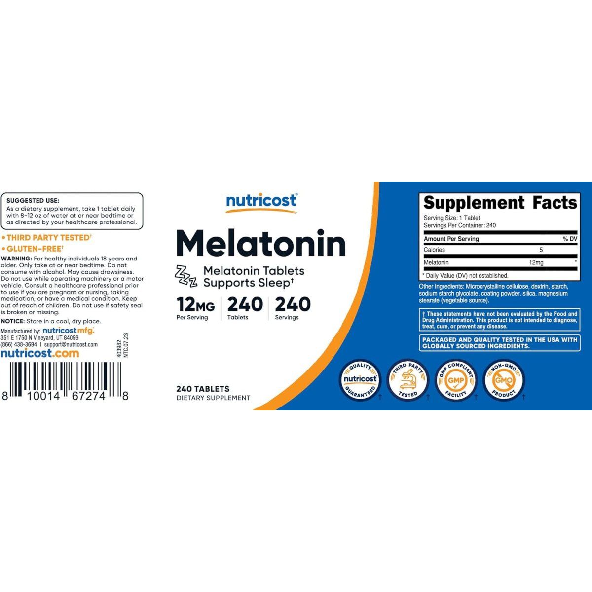 Nutricost Melatonin 12Mg, 240 Tablets - Suppviv