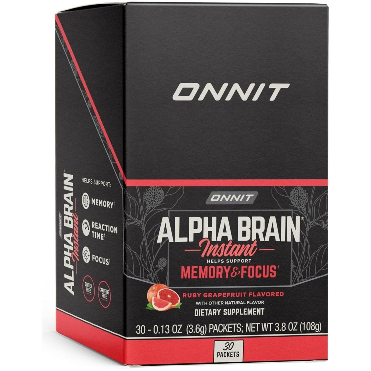 ONNIT Alpha Brain Instant - Ruby Grapefruit Flavor - Nootropic Brain Booster Memory Supplement - 30Ct - Suppviv