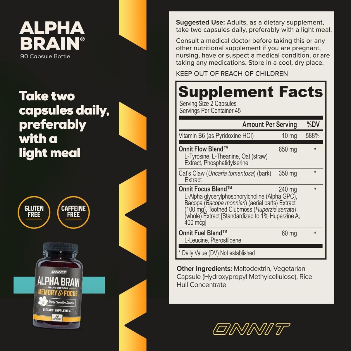 ONNIT Alpha Brain Nootropic Brain Supplement Mental Clarity and Focus & Cognitive Improvement for Men & Women (90 Capsules) - Suppviv