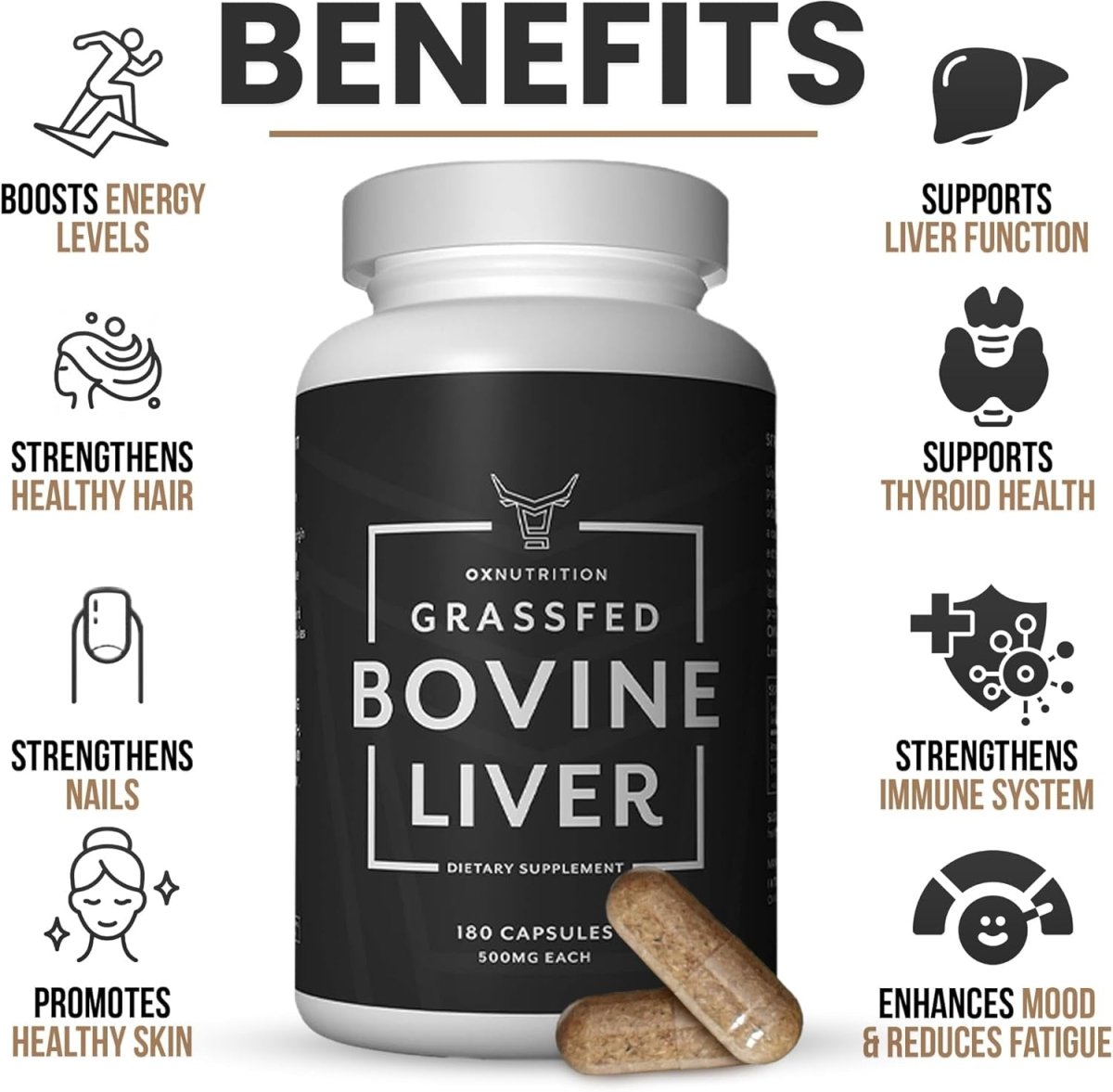 OXNUTRITION Grassfed Beef Liver Capsules (Desiccated) | 180 Capsules | - Suppviv