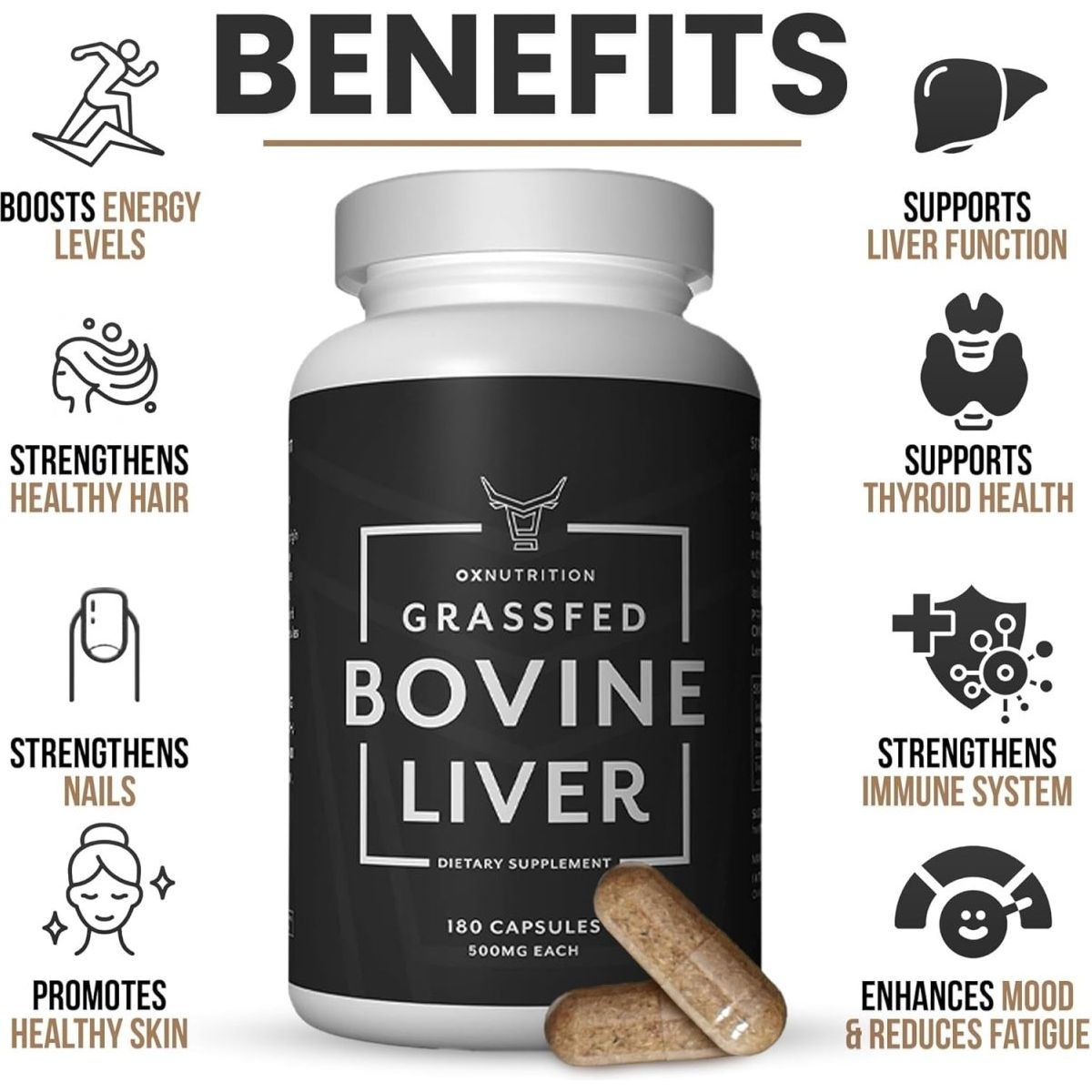 OXNUTRITION Grassfed Beef Liver Capsules (Desiccated) | 180 Capsules | - Suppviv