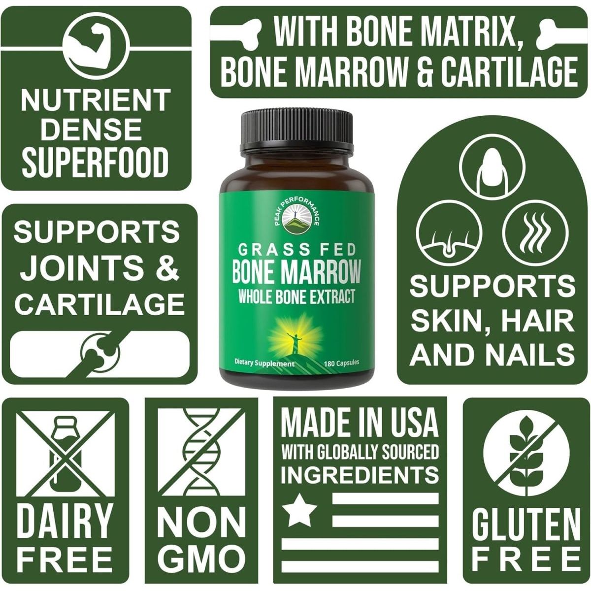 Peak Performance Grass Fed Bone Marrow - Whole Bone Extract Supplement 180 Capsules - Suppviv
