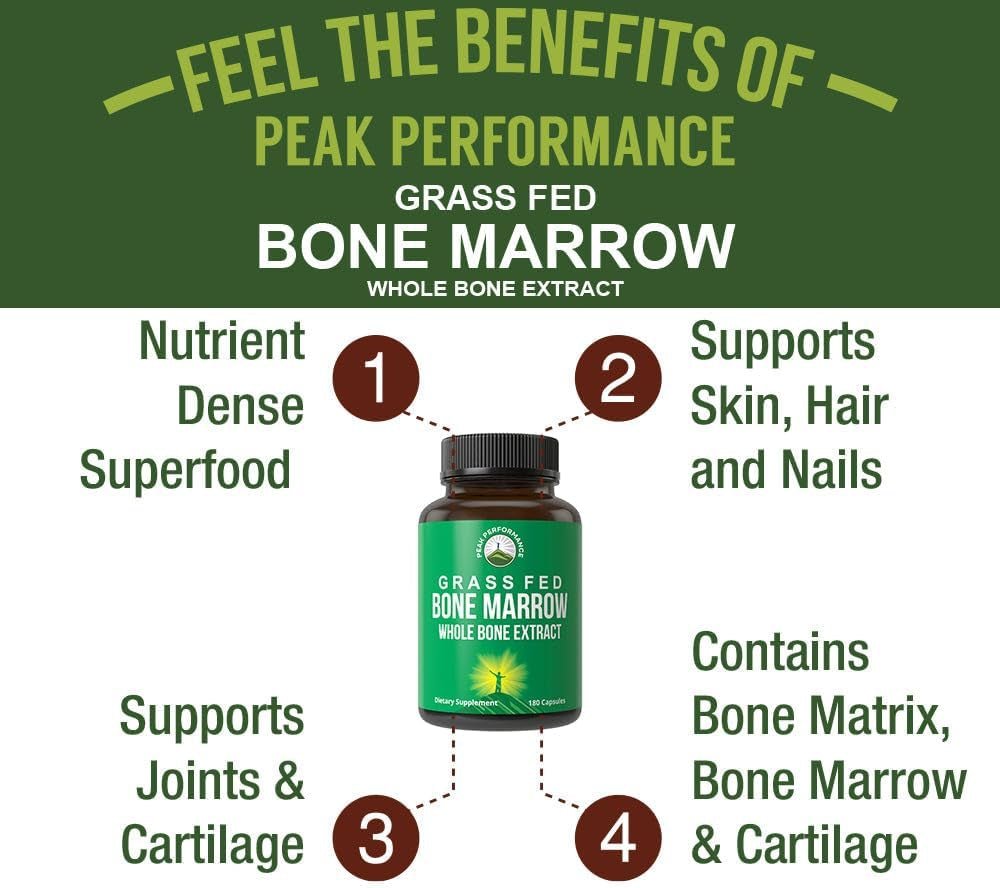 Peak Performance Grass Fed Bone Marrow - Whole Bone Extract Supplement 180 Capsules - Suppviv