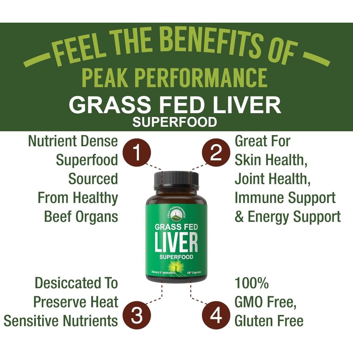 Peak Performance Grass Fed Desiccated Beef Liver Supplement 180 Capsules - Suppviv
