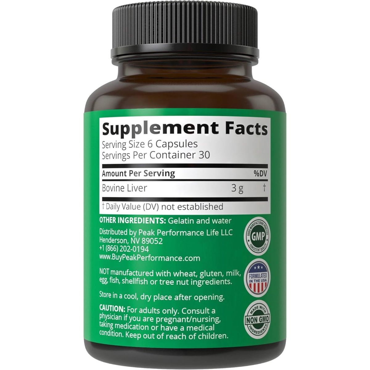 Peak Performance Grass Fed Desiccated Beef Liver Supplement 180 Capsules - Suppviv