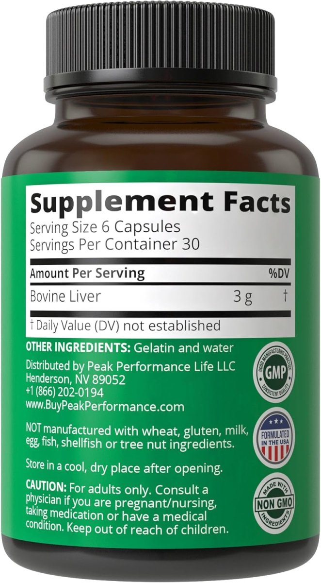 Peak Performance Grass Fed Desiccated Beef Liver Supplement 180 Capsules - Suppviv