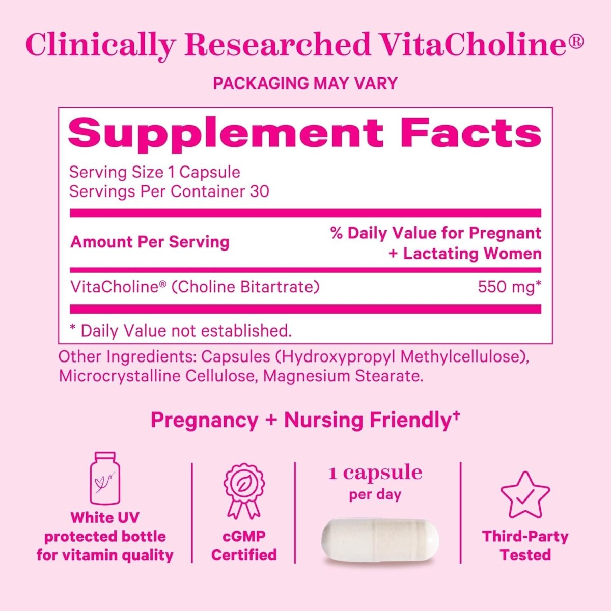 Pink Stork Choline - 550 Mg Choline Bitartrate from Vitacholine for Pregnant + Postpartum Moms 30 Count - Suppviv