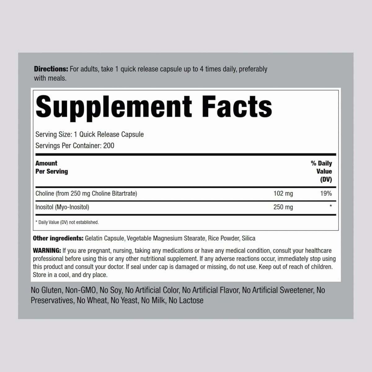 Piping Rock Choline Inositol Supplements | 500Mg | 200 Capsules | Choline Bitartrate & Myo - Inositol | Non - Gmo, Gluten Free - Suppviv