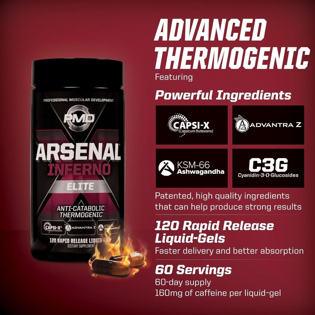 PMD Sports Arsenal X Inferno Superior Fast - Acting Liquid Gel Thermogenic 120 Liquid Gels - Suppviv