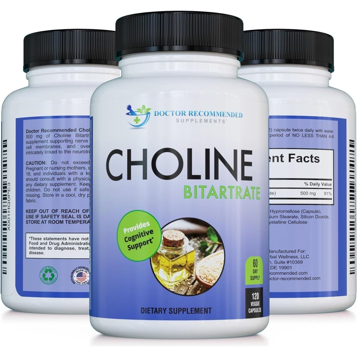 Premium Choline - 500 Mg - 120 Veggie Capsules - Supports Cognitive Health, Memory & More - Suppviv