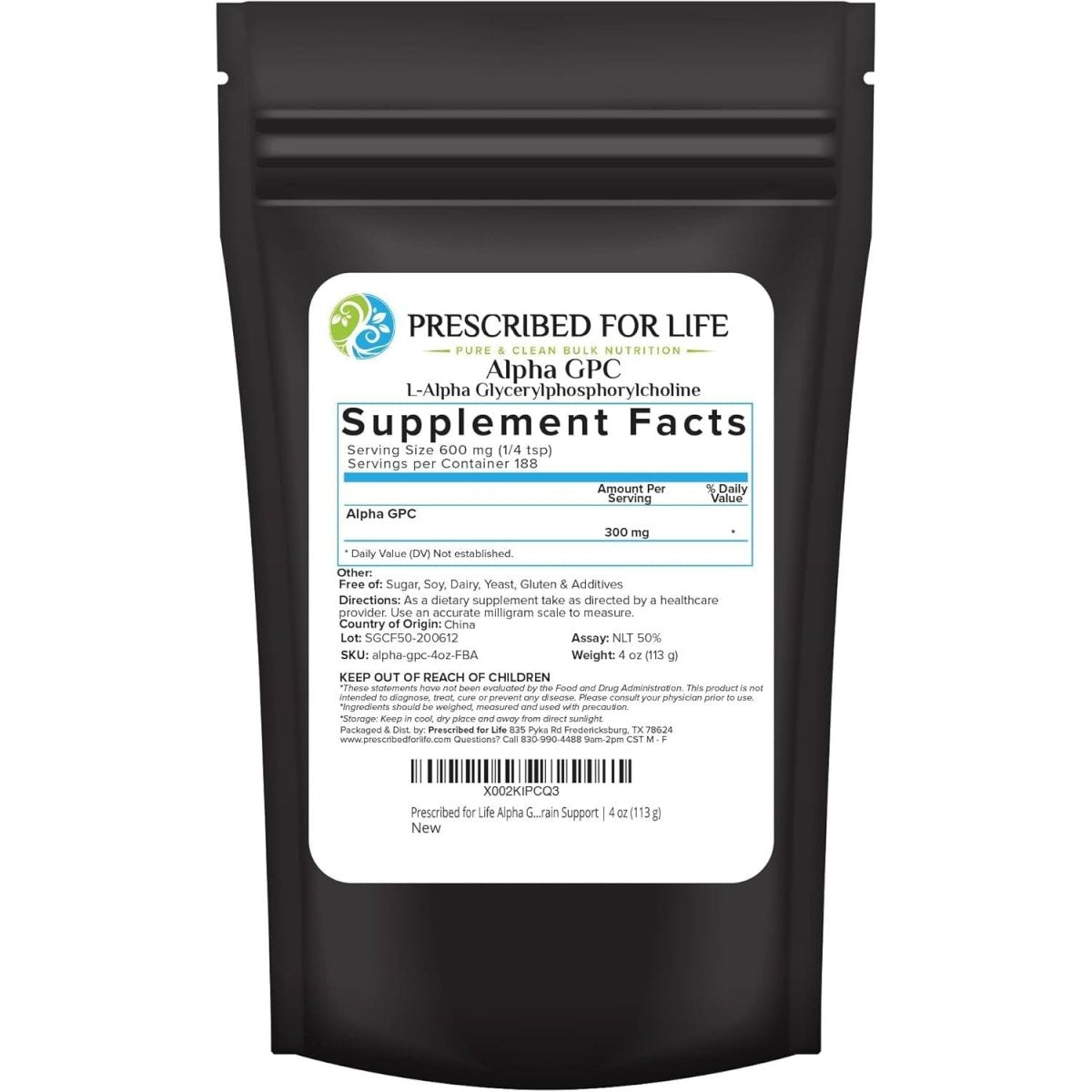 Prescribed for Life Alpha GPC Powder | Choline Supplement for Cognitive Function and Healthy Memory & Brain Support | (4Oz / 113G) - Suppviv