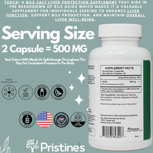 PRISTINE'S Tudca 500MG Liver Support & Purified Bile Salts Supplement Capsules - 30 Day Supply - Suppviv