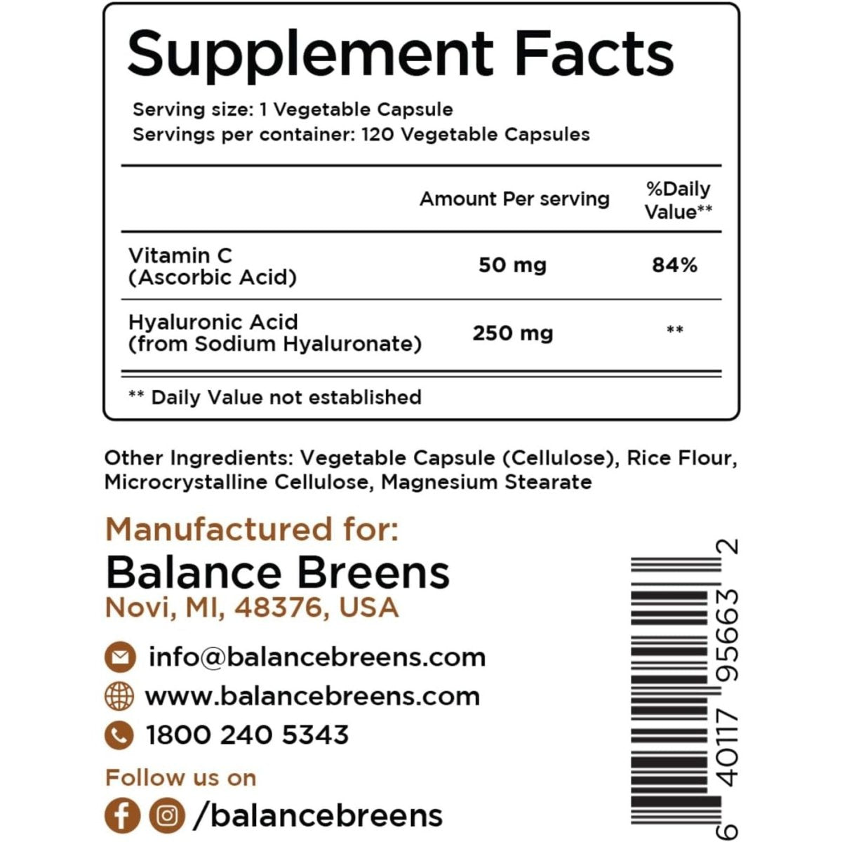 Pure Hyaluronic Acid Supplements 250Mg with Vitamin C 50Mg - 120 Vegan Capsules - Suppviv