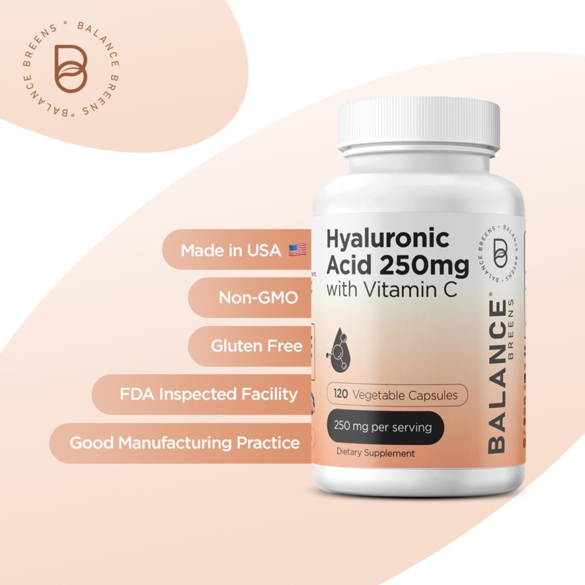 Pure Hyaluronic Acid Supplements 250Mg with Vitamin C 50Mg - 120 Vegan Capsules - Suppviv