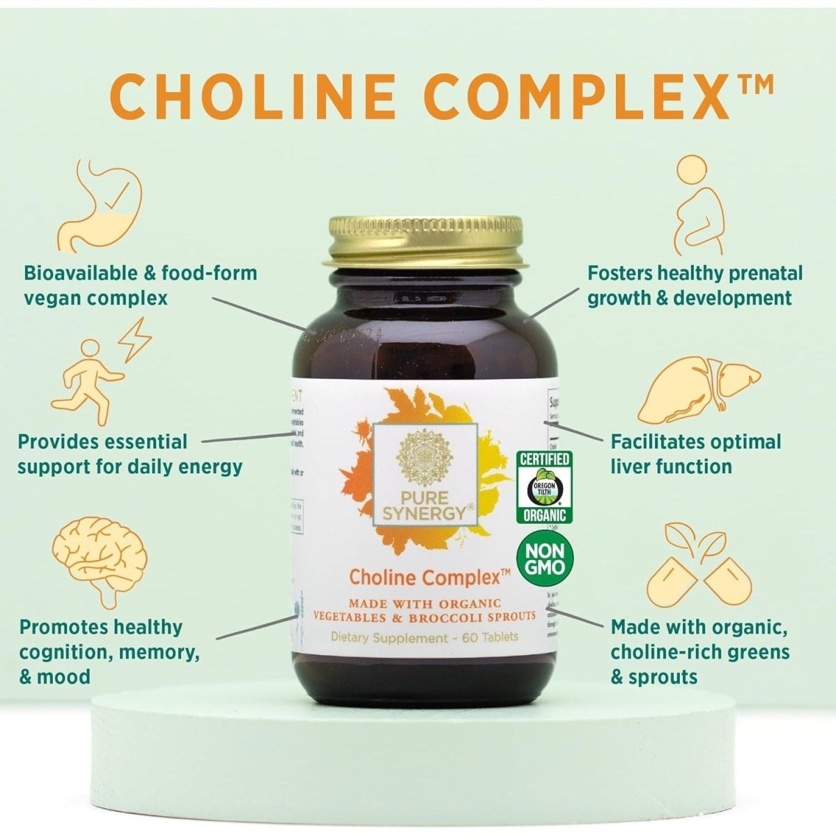 PURE SYNERGY Choline Complex | Vegan Choline Supplement Made with Organic Whole Foods for Pregnancy, Brain, and Liver Health (60 Tablets) - Suppviv