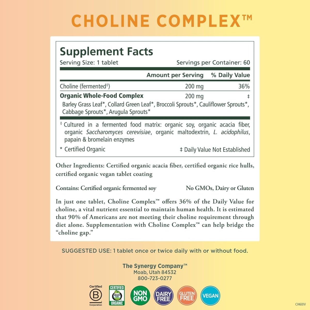 PURE SYNERGY Choline Complex | Vegan Choline Supplement Made with Organic Whole Foods for Pregnancy, Brain, and Liver Health (60 Tablets) - Suppviv
