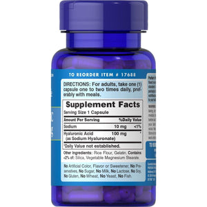 Puritans Pride Hyaluronic Acid 100Mg, Dietary Supplement for Skin Hydration, 60 Rapid Release Capsules - Suppviv