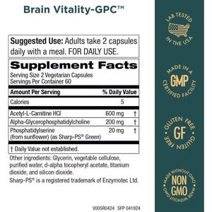 Purity Products Brain Vitality - Supports Normal Concentration and Mental Clarity - 120 Caps - Suppviv
