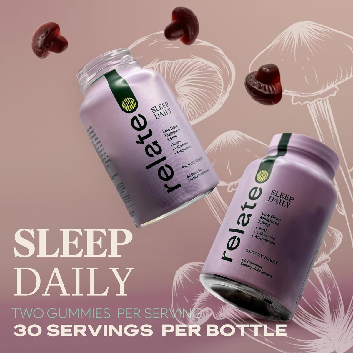 Relate Sleep Daily Gummies - Mushroom & Infused Sleep Support 60 Count - Suppviv