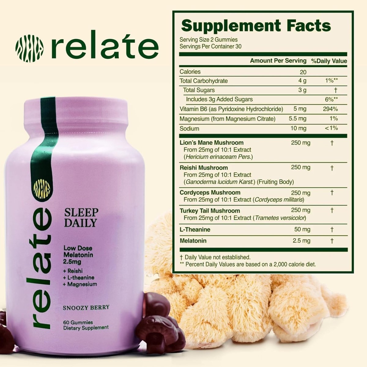 Relate Sleep Daily Gummies - Mushroom & Infused Sleep Support 60 Count - Suppviv