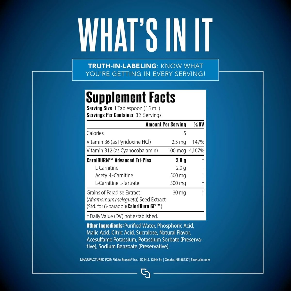 Siren Labs L - Carnitine Elite Burn Liquid Keto Fat Burner and Metabolism Activator (32 Servings) - Suppviv