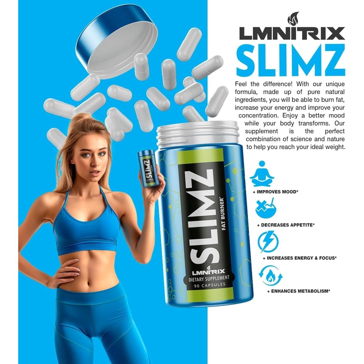 SLIMZ Fat Burner & Mood Enhancer - Diet Pills That Work - Weight Loss Supplement 90 Capsules - Suppviv