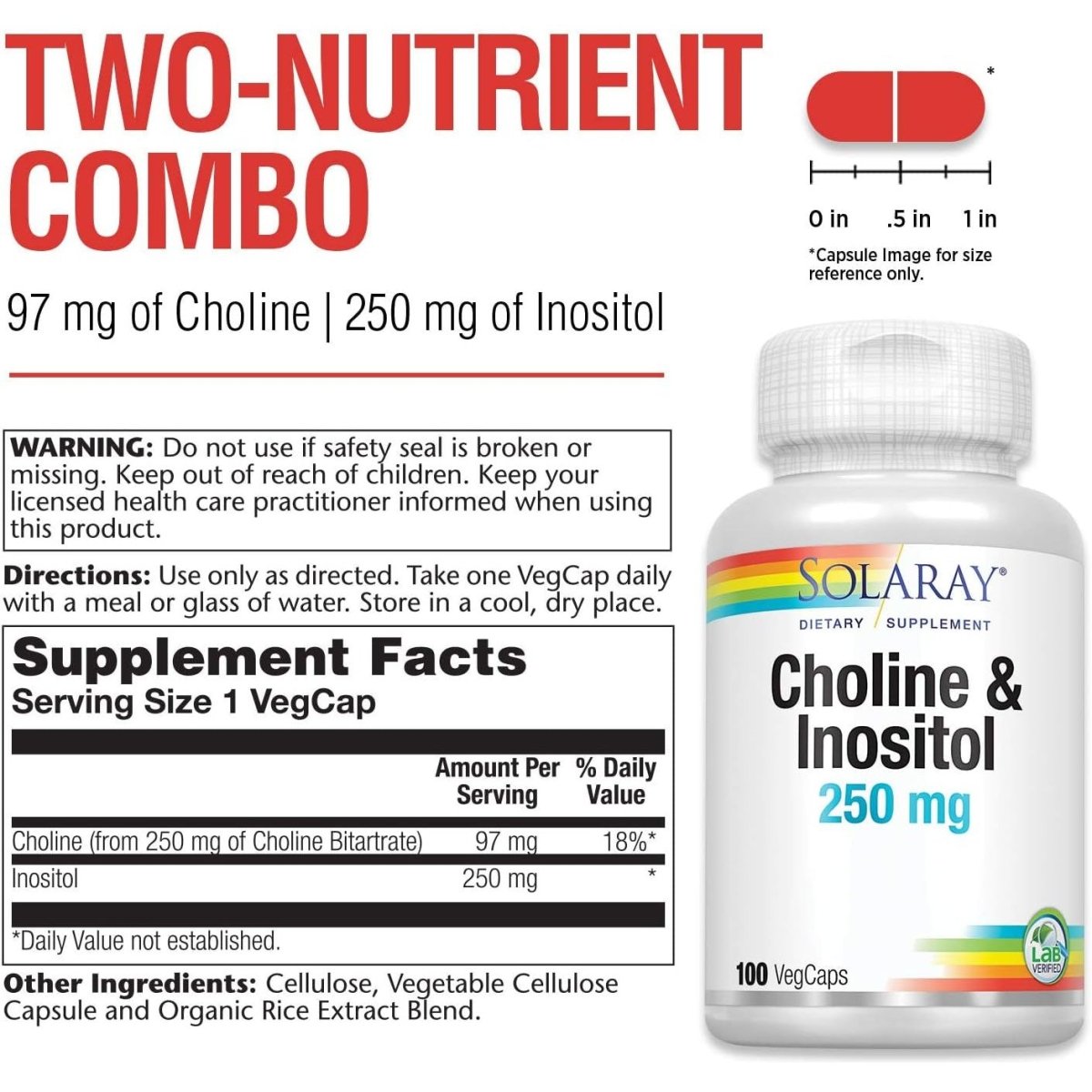 Solaray Choline & Inositol 250 Mg | Two - Nutrient Combo for Healthy Fat Metabolism, Brain Function Support | 100 Vegcaps - Suppviv