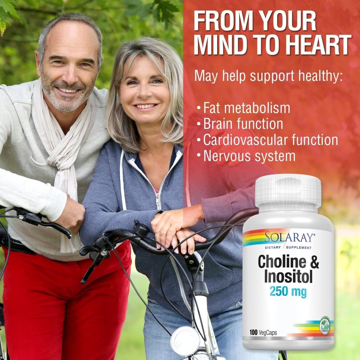 Solaray Choline & Inositol 250 Mg | Two - Nutrient Combo for Healthy Fat Metabolism, Brain Function Support | 100 Vegcaps - Suppviv