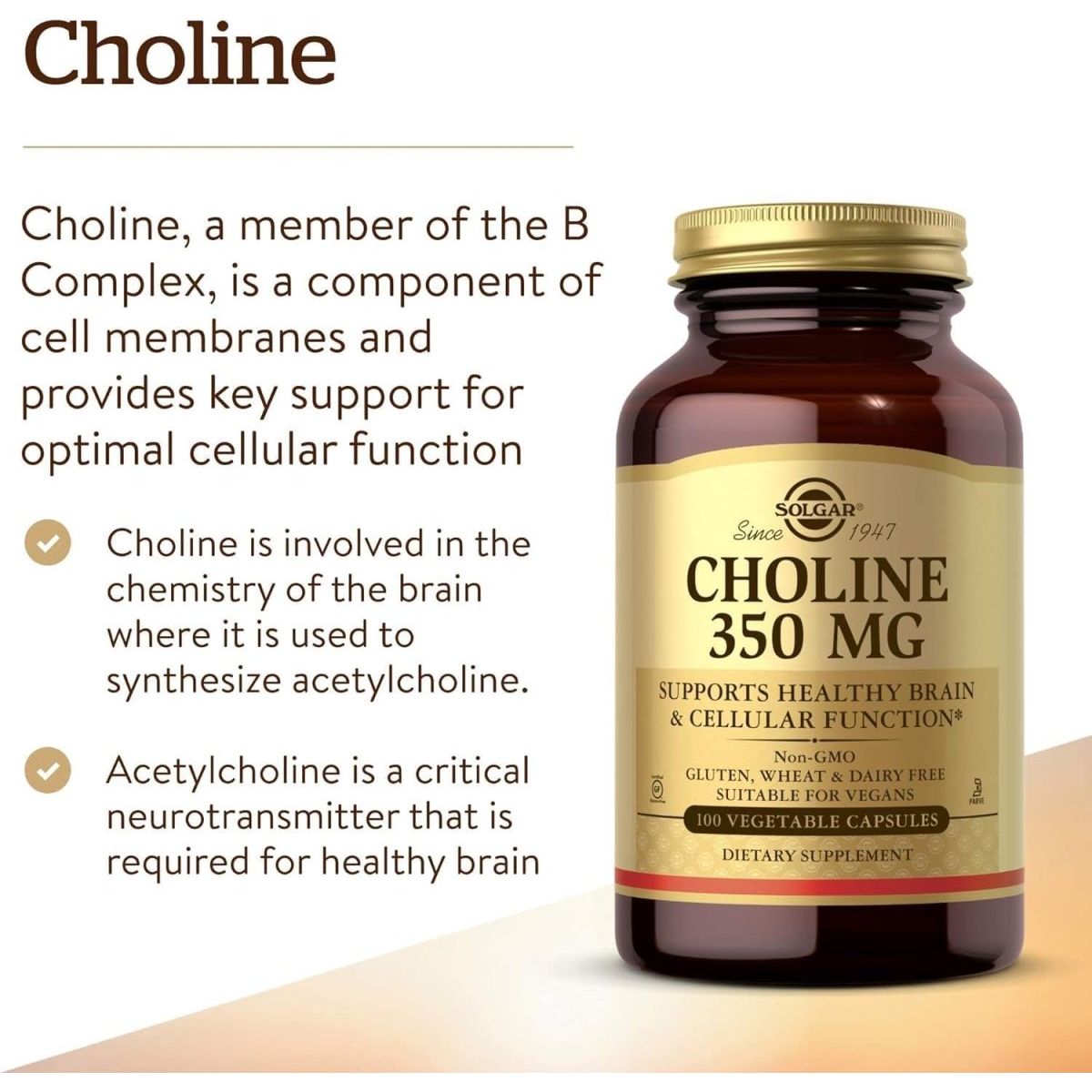 Solgar Choline 350 Mg, 100 Vegetable Capsules - Supports Healthy Brain & Cellular Function - Suppviv